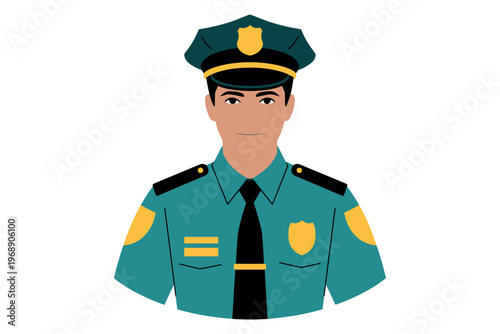 A cartoon illustration of a security guard wearing a green uniform and hat