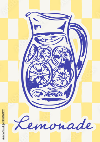Hand drawn Mediterranean card with blue lemonade pitcher sketch with lemons on a yellow and white checkered background. Vintage citrus poster with fresh summer whimsical coastal mood.
