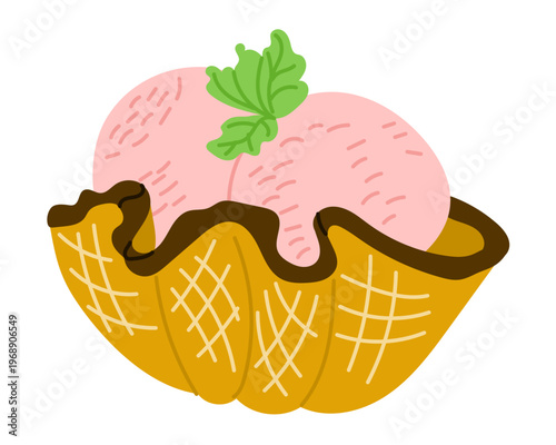 Illustration of a dessert bowl featuring two scoops of pink ice cream topped with a mint leaf, set in a waffle cone with chocolate drizzlerk