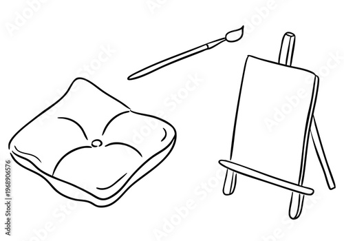 Art supplies illustration featuring a paintbrush, easel, and cushion for comfortable seating, ideal for artists in a creative workspace setting