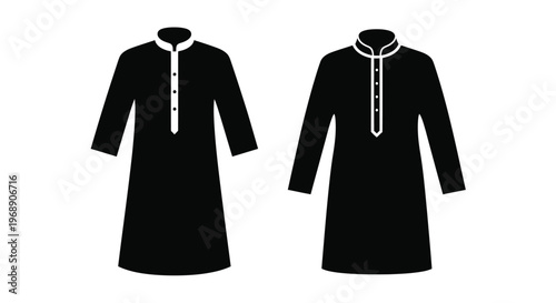 Two black kurta designs with white contrasting collar and button details
