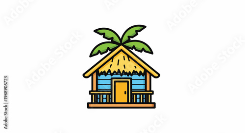 Colorful cartoon beach hut with palm tree on roof and porch
