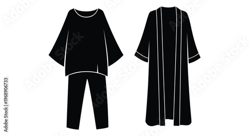Black silhouettes of a tunic and a long open front cardigan