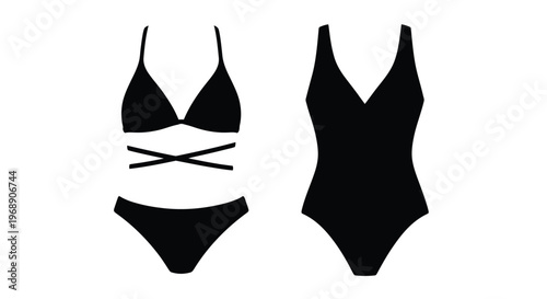 Black silhouette illustrations of a bikini and one piece swimsuit