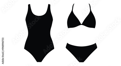 Black silhouette of a one piece swimsuit and a bikini set displayed