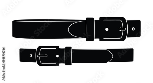Two black silhouette illustrations of leather belts with buckles displayed