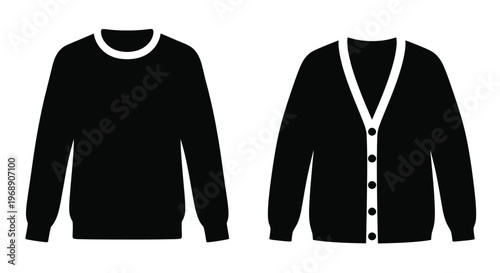 Black silhouettes of a crewneck sweater and a cardigan displayed side by side