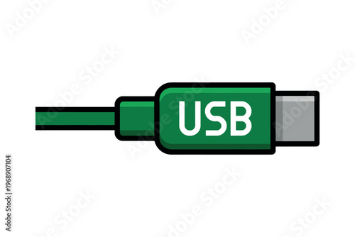 A green USB cable connector with a white background for technology and data transfer concepts