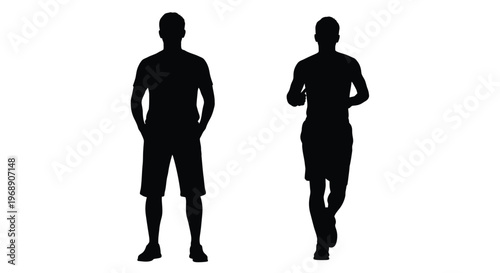 Two silhouetted men one standing one jogging in a minimalist style