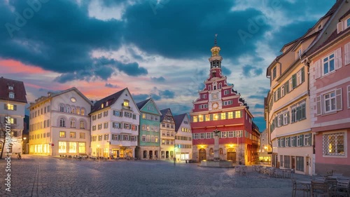 Esslingen am Neckar, Germany - view of old Town Hall (Altes Rathaus) at dusk (static image with animated sky)