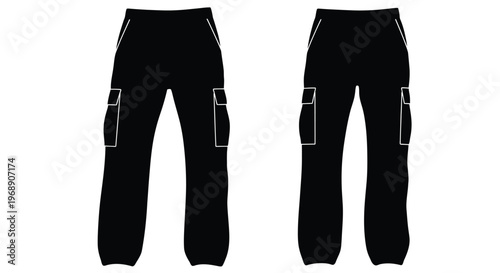 Silhouettes of two pairs of black cargo pants against a white background