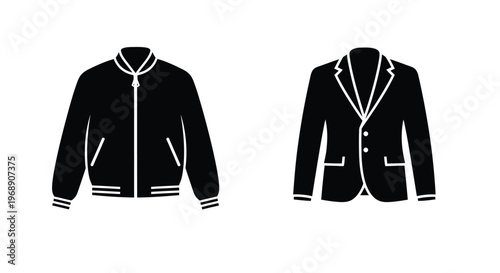 Black and white icons depicting a bomber jacket and a suit jacket