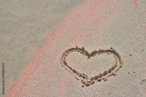 The image of the heart on the sandy beach.