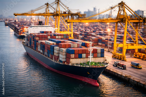 Large cargo ship loaded with containers docked at port with cranes and trucks, illustrating global trade, shipping and logistics operations.