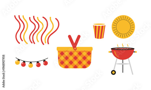 Colorful illustration of a summer barbecue and festive elements