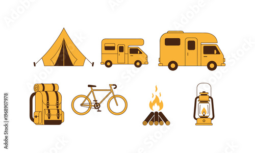 Essential camping and road trip gear illustrated in a vintage style