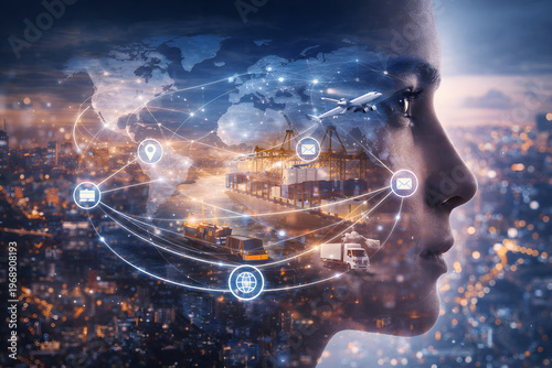 Profile of person with digital world map and logistics network overlay symbolizing human intelligence, global connectivity and modern supply chain technology.