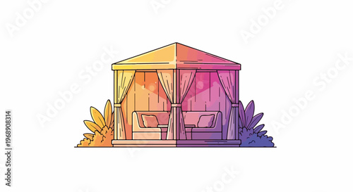 Colorful illustration of a gazebo with curtains and chairs outside