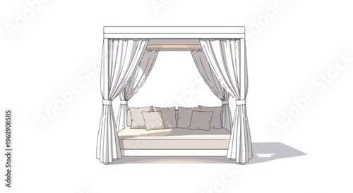 Daybed with curtains and pillows isolated on transparent background