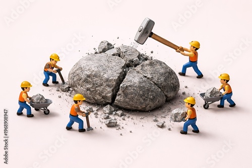 Mini Workers Breaking Rock Hard Work And Problem Solving Concept