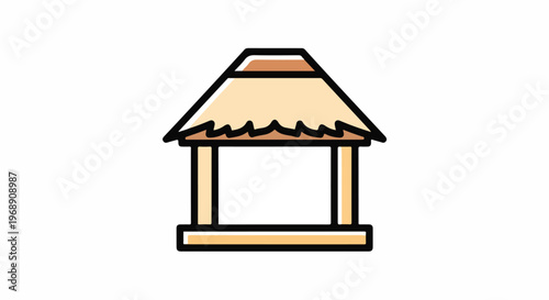 Simple cartoon hut with thatched roof and open sides on white
