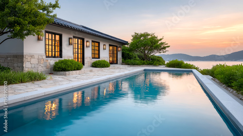 Asian luxury villa with outdoor swimming pool and scenic sunset
