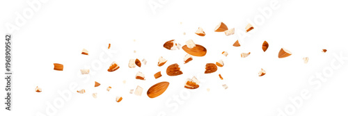 Crushed almonds falling isolated, flying nut pieces, levitate scattered almond seeds