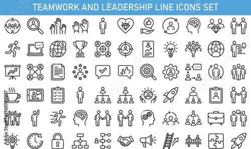Teamwork and leadership line icons set with collaboration communication networking success strategy target startup growth partnership vector illustration for business management and marketing design
