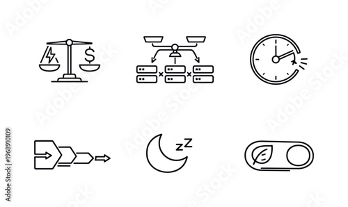 Energy-Aware Computation Icons. Line style icons of energy-aware computation: power budget scale, adaptive load balancer,