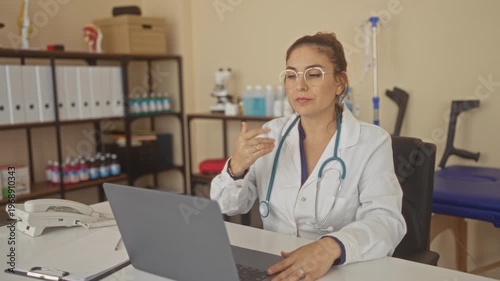 Woman doctor at laptop wearing stethoscope, hand on chest gesture while speaking on video call in medical clinic consultation room; telehealth compassion.