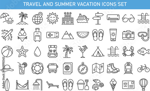 Travel and summer vacation icons set featuring beach, airplane, hotel, suitcase, passport, cruise, sunglasses, sunscreen, tropical island, tourism, holiday adventure, outdoor leisure