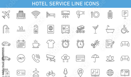 travel icons set, hotel service line icons, tourism symbols collection, airport transport sign, accommodation amenities outline, vacation service icons, hospitality thin line vector