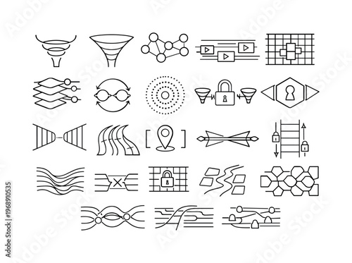 Line vector icons of personalized feeds shaping a narrow topic space: funnel arcs, narrowing stems, theme nodes, content rails,