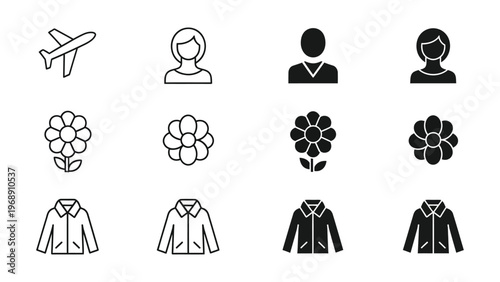 Variations of icons depicting travel, people, flowers, and coats in black and white styles