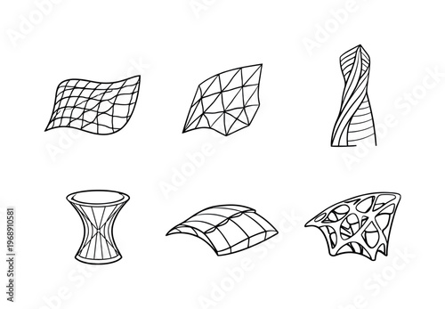 Line style icons of algorithm-grown architectural shells: wind-shaped façade cell, solar-optimized skin panel, airflow-guided