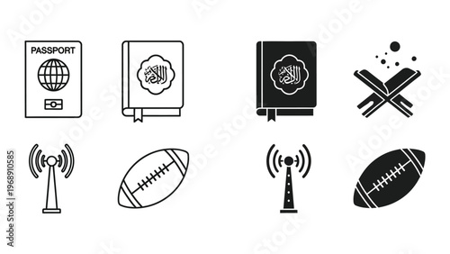 Icons representing travel, religion, communication, and sports in a minimalist style