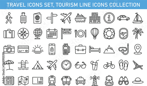 travel icons set, tourism line icons collection, transportation vacation symbols, travel equipment outline icons, tourism infographic elements, trip planning icons, hotel transport travel vector