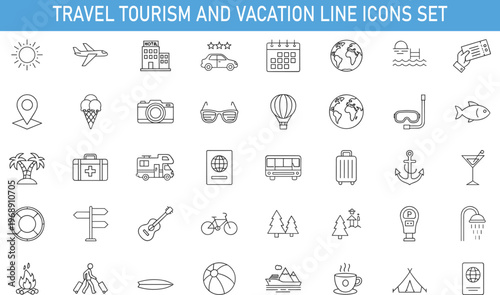 travel tourism and vacation line icons set, airplane hotel beach camping transport passport luggage adventure vector outline collection for travel planning and tourism services