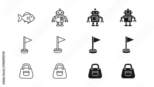 Series of icons depicting robots, fish, flags, and handbags in a grid layout