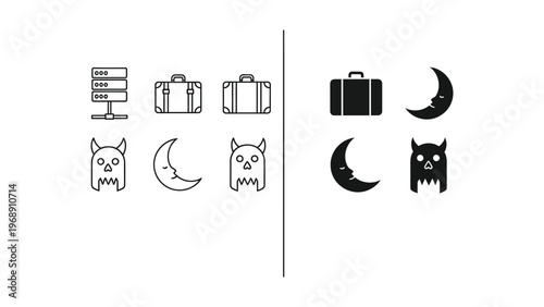 Contrasting icon sets of travel, technology, and nocturnal creatures