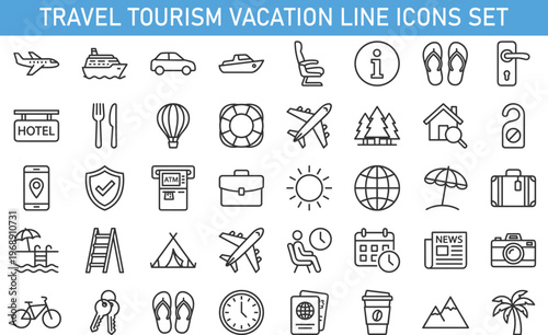 travel tourism vacation line icons set, hotel transport navigation summer holiday vector outline collection for travel services tourism planning and outdoor vacation activities