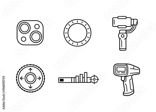 Line style icons of mobile device tools: camera module, LED illumination ring, stabilizing grip outline, focus adjustment dial,