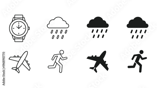 Weather and travel icons with time and activity indicators