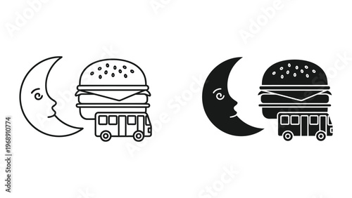 Crescent moon and burger bus icons with contrasting styles