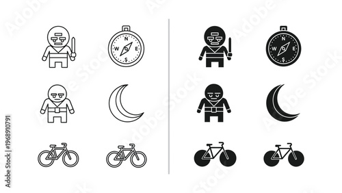 Contrast between light and dark themed icons of adventurers and their equipment