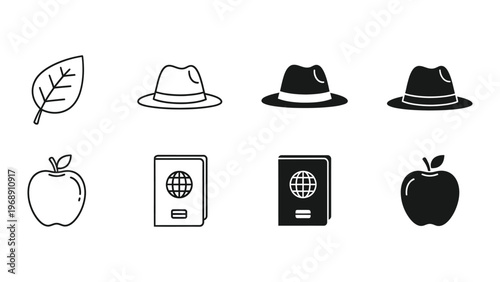 Contrasting icons of nature, travel, and technology in minimalist black and white style