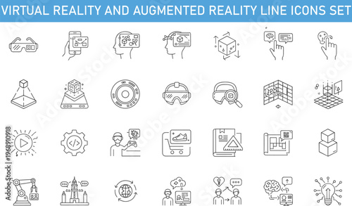 Virtual reality and augmented reality line icons set, VR headset, AR technology, metaverse interface, immersive experience, digital innovation vector outline symbols