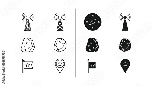 Contrasting icon sets depicting communication, navigation, and location