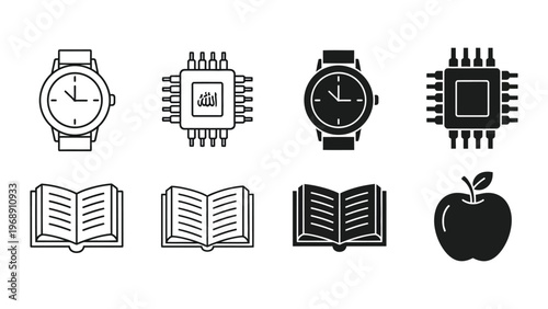 Iconic representations of technology, religion, time, and knowledge with an apple