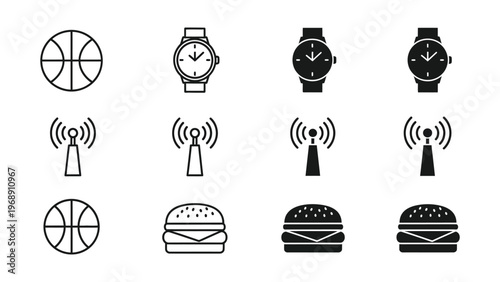 Collection of icons featuring sports, timekeeping, and food items in varying styles